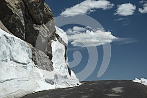 Narrow roads of Colorado`s Mt. Evans are scraped free of snow and ice.