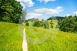 Narrow rural pathway in green hilly landscape