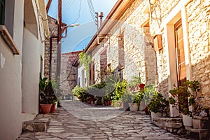 Narrow stone street in Kato Lefkara village. Larnaca District, C