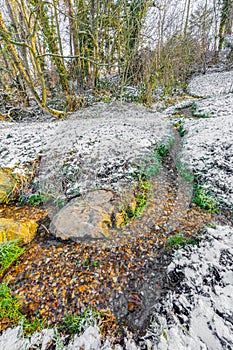 Narrow stream with clean water going down a hill between snowy and frozen grass