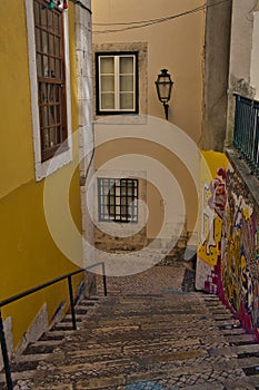 A narrow street in Alfama district in Lisbon, Portugal