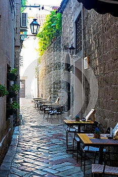 The narrow street of the authentic old town of Kotor, Montenegro.