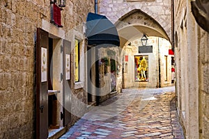 The narrow street of the authentic old town of Kotor, Montenegro.