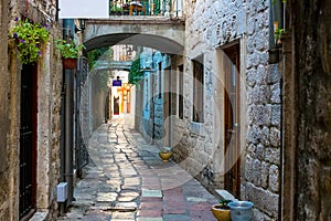 The narrow street of the authentic old town of Kotor, Montenegro.