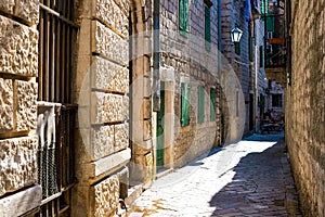 The narrow street of the authentic old town of Kotor, Montenegro.