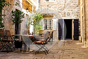 The narrow street of the authentic old town of Kotor, Montenegro.