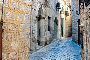 The narrow street of the authentic old town of Kotor, Montenegro.