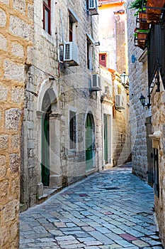 The narrow street of the authentic old town of Kotor, Montenegro.