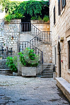 The narrow street of the authentic old town of Kotor, Montenegro.