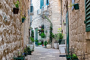 The narrow street of the authentic old town of Kotor, Montenegro.