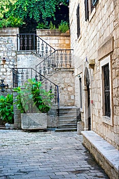 The narrow street of the authentic old town of Kotor, Montenegro.