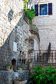 The narrow street of the authentic old town of Kotor, Montenegro.