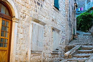 The narrow street of the authentic old town of Kotor, Montenegro.