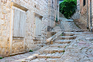 The narrow street of the authentic old town of Kotor, Montenegro.