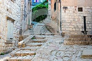 The narrow street of the authentic old town of Kotor, Montenegro.