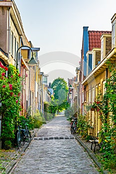 Narrow street in the center of Delft, Netherlands