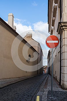 Narrow street and a do not enter traffic sign