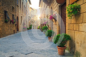 Narrow street and entrances decorated with colorful flowers, Pienza, Italy