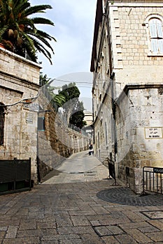 Narrow street of the old city in the center of Jerusalem.