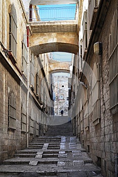 Narrow street in old City of Jerusalem, Israel.