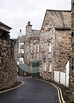 Narrow street of old houses in the village of cartmel in cumbria