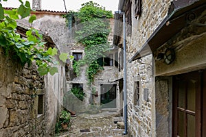 Narrow street and old residential houses of alleys in the Croatian artists' village of Groznjan