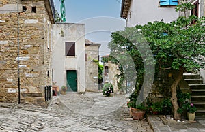 Narrow street with old residential houses of alleys in the Croatian artists' village of Groznjan