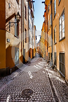 Narrow Street in Old Town (Gamla Stan) of Stockholm photo