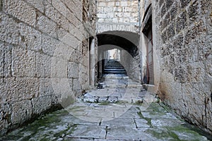 Narrow street in the old town of Korcula, Croatia