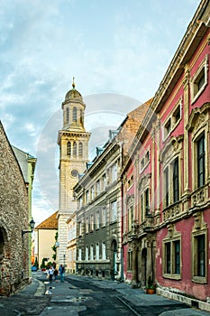 Narrow street in the old town of Sopron Templom utca street with an evangelic church at the very end, Hungary...IMAGE