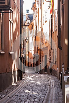 Narrow street in Old Town in Stockholm, Sweden