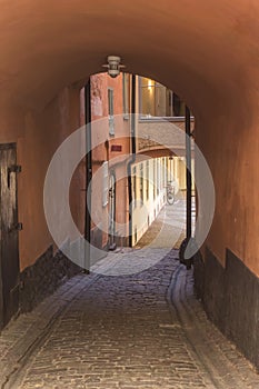 Narrow street in Old Town in Stockholm, Sweden