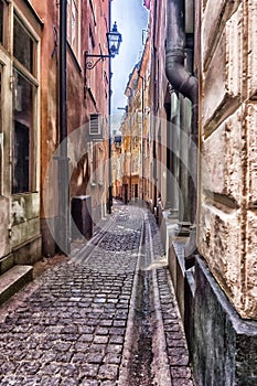Narrow street in Old Town in Stockholm, Sweden