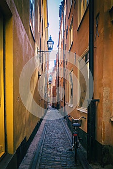 Narrow street in Old Town in Stockholm, Sweden