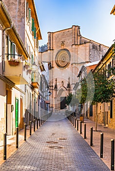 Majorca Spain, street with view of church at Esporles village