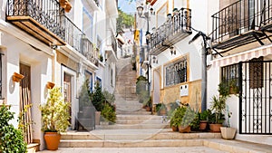 Narrow street with steps, white houses and potted plants in ancient neighborhood El Barrio or Casco Antiguo Santa Cruz photo