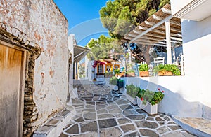 Narrow street with stone houses in Lefkes village