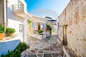 Narrow street with stone houses in Lefkes village photo