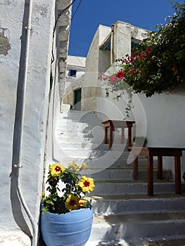 Narrow street to the village of Chora to Amorgos in Greece.