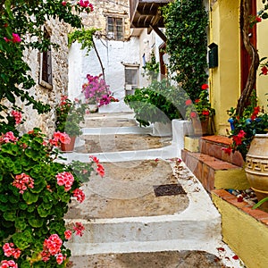 Narrow street in the village of Kritsa, Crete, Greece