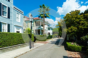 Narrow street in wealthy Charleston neighborhood USA
