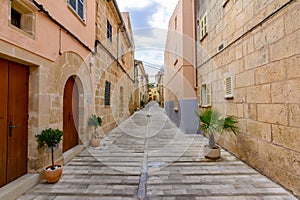 Narrow streets of Alcudia old town, Mallorca island, Spain