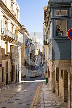 The narrow streets in the center of Valletta, Malta