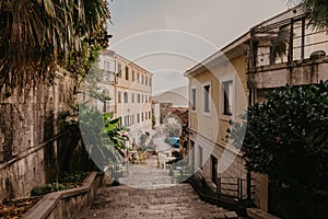 Narrow streets of historical old town Herceg Novi, Boka Kotor gilf