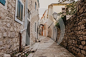 Narrow streets of historical old town Herceg Novi, Boka Kotor gilf