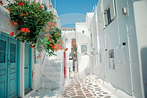 The narrow streets of the island with blue balconies, stairs and flowers.