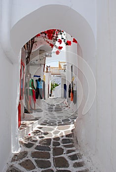 The narrow streets on the island of Mykonos photo