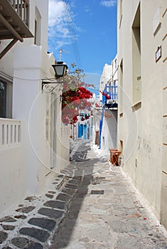 The narrow streets on the island of Mykonos