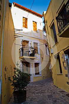 Narrow streets at old city and harbor Rethymno, Crete