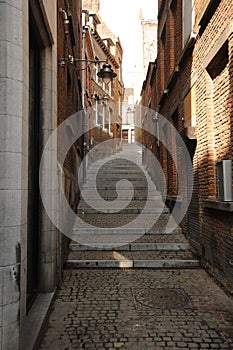 Narrow streets of old city Mons, Belgium